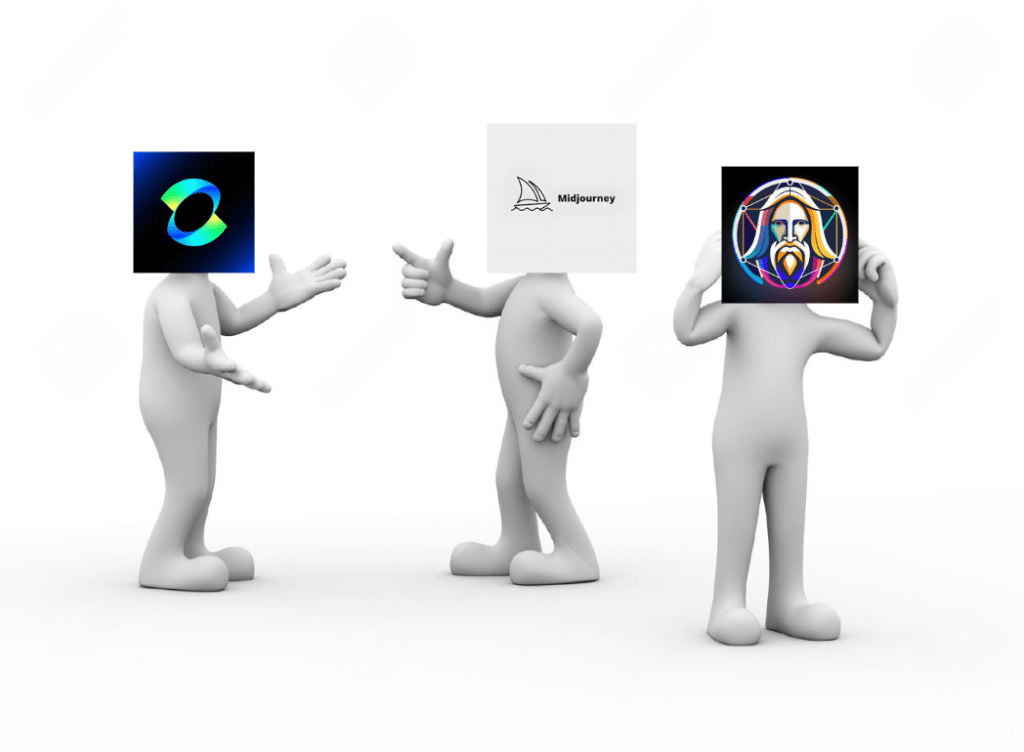 A cartoon image representing different AI art generators: Kling AI, Midjourney, and Leonardo AI.