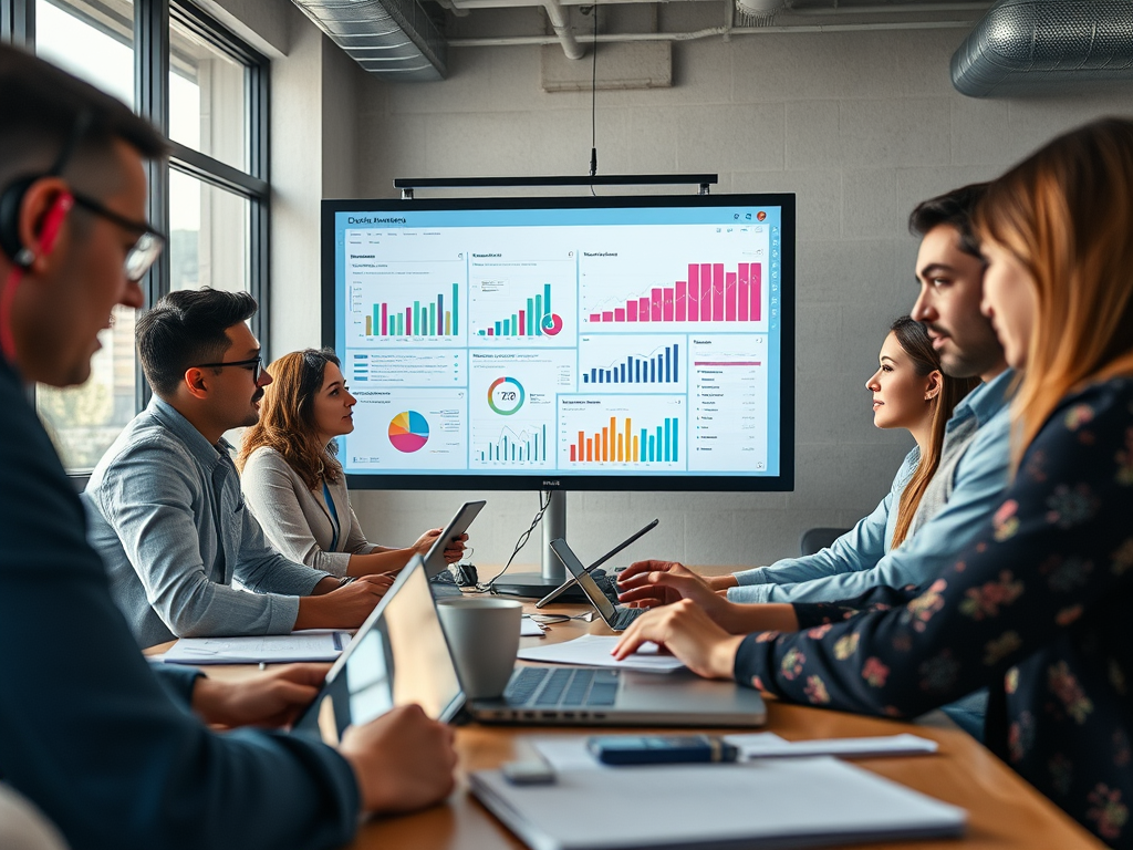 An image showing a team working together on digital marketing.