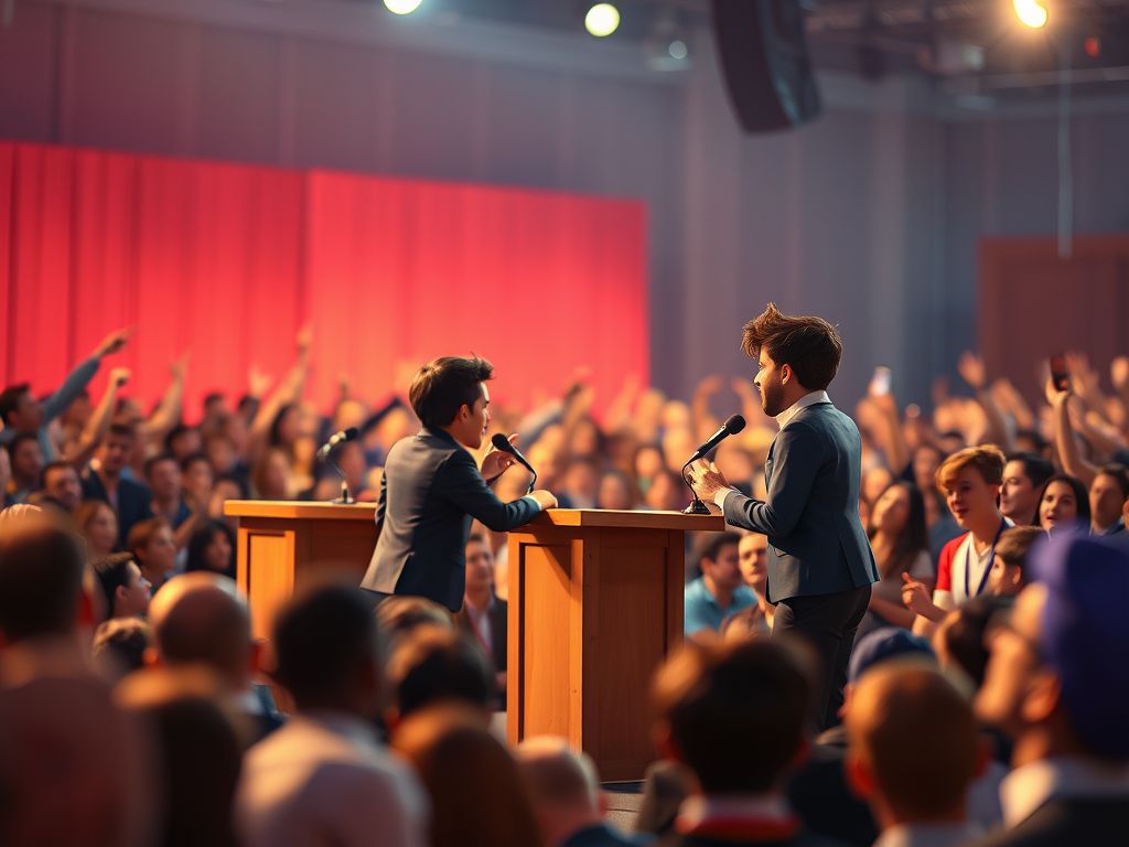 An image depicting two people debating in the middle of a stage.