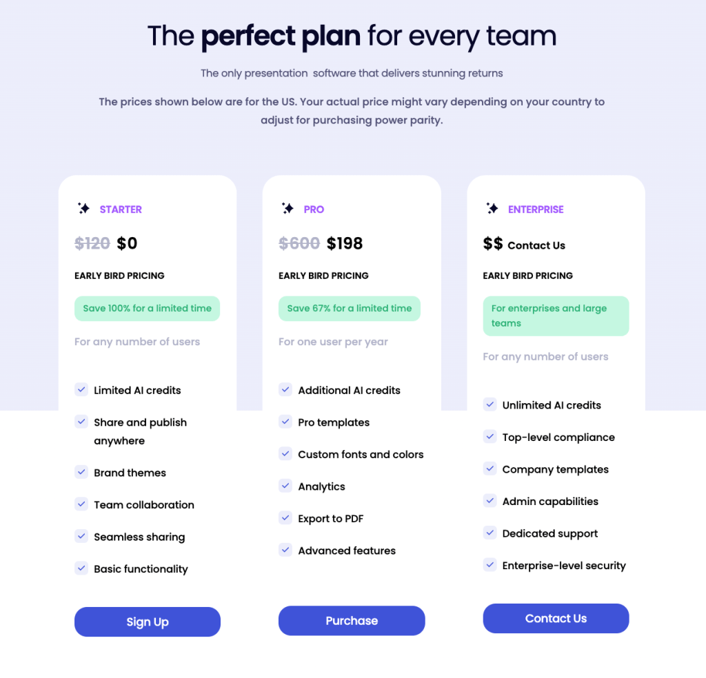 An image that shows the different pricing plans that Presentations.AI offers.